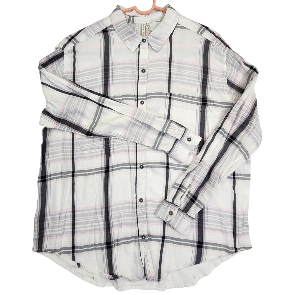 Mudd White Plaid Boho Mixed Media Graphic Back Button Down Shirt XL Southwestern